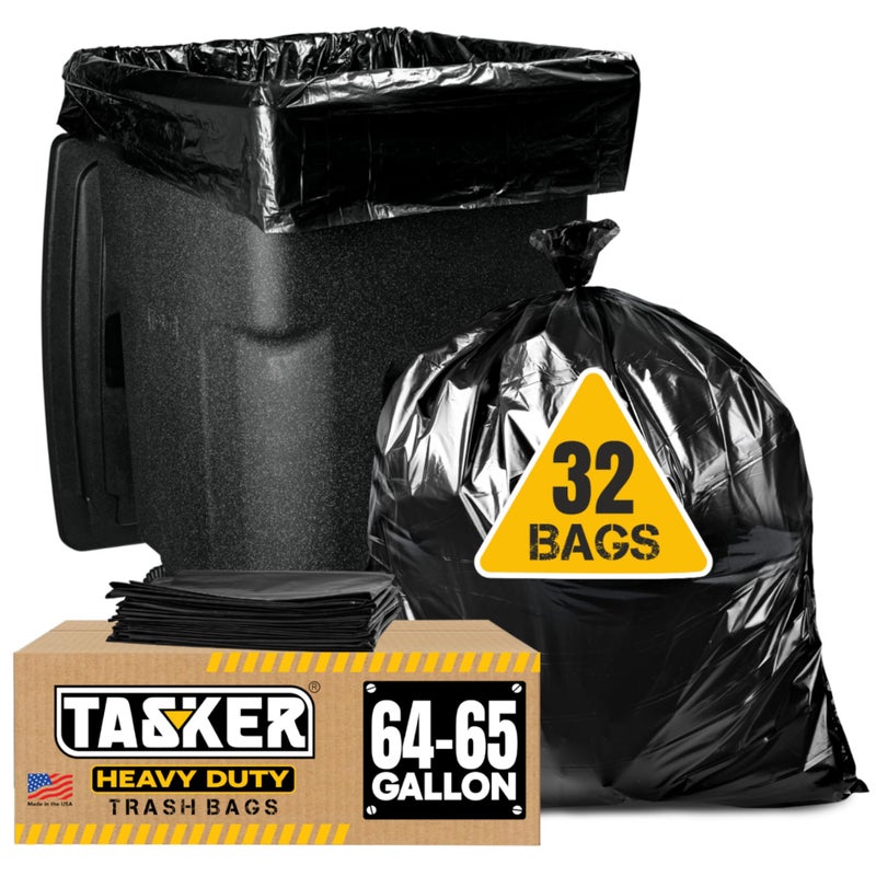 Tasker 65 Gallon Trash Bags for Toter, (Value-Pack 32 Count w/Ties) Extra Large 64 Gallon Heavy Duty, 60 Gal Trash Bags Outdoor Garbage Can Liner for Custodians - Image 1
